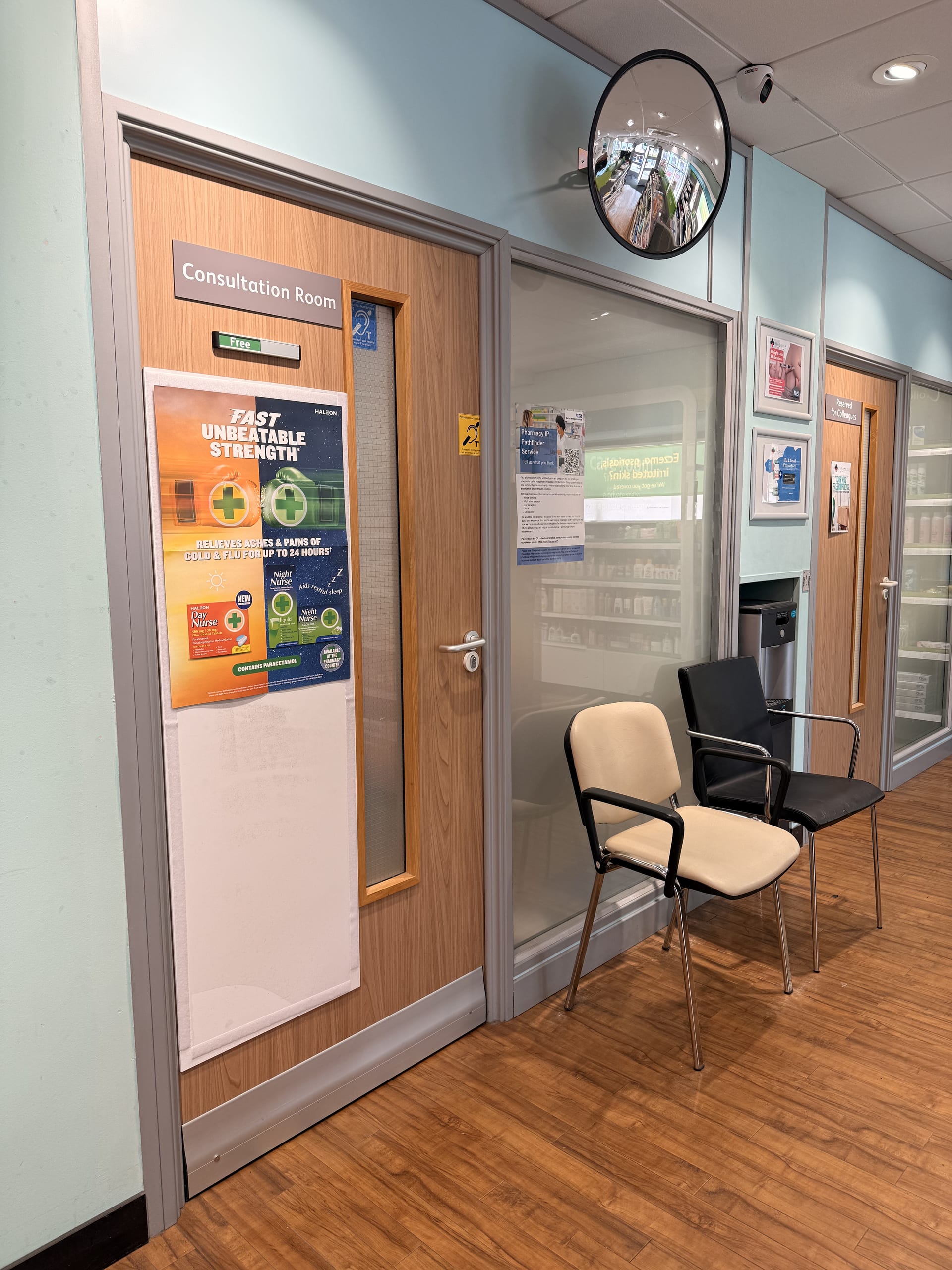 The Medicine Stop consultation room and waiting chairs.